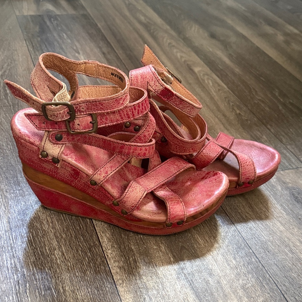 Bed Stu Pink Leather Strappy Wedge Sandals